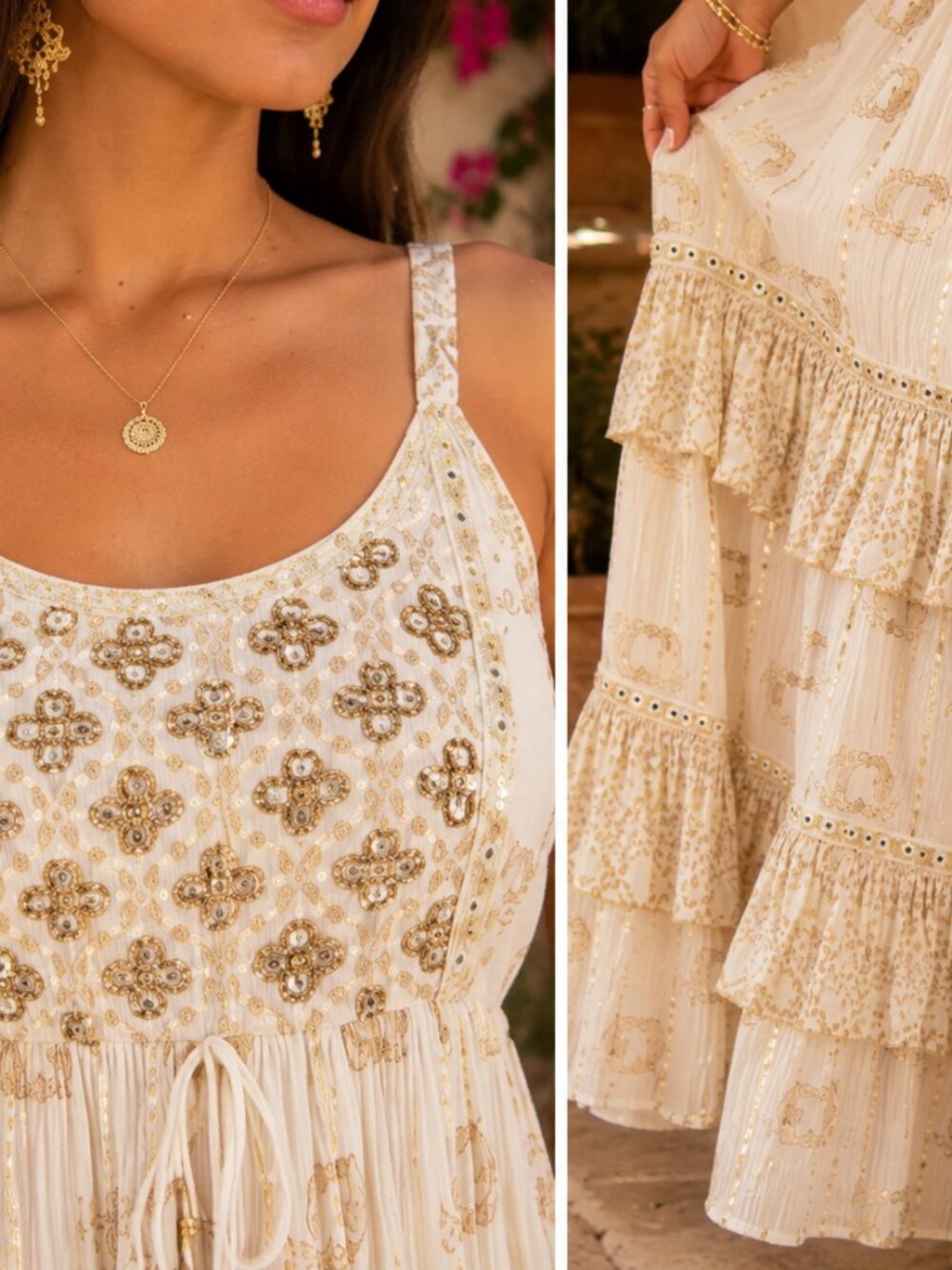 Boho Lace Maxi Dress Cream Tiered | Coastal Beach Vacation Resort Sundress - Picture 3 of 4